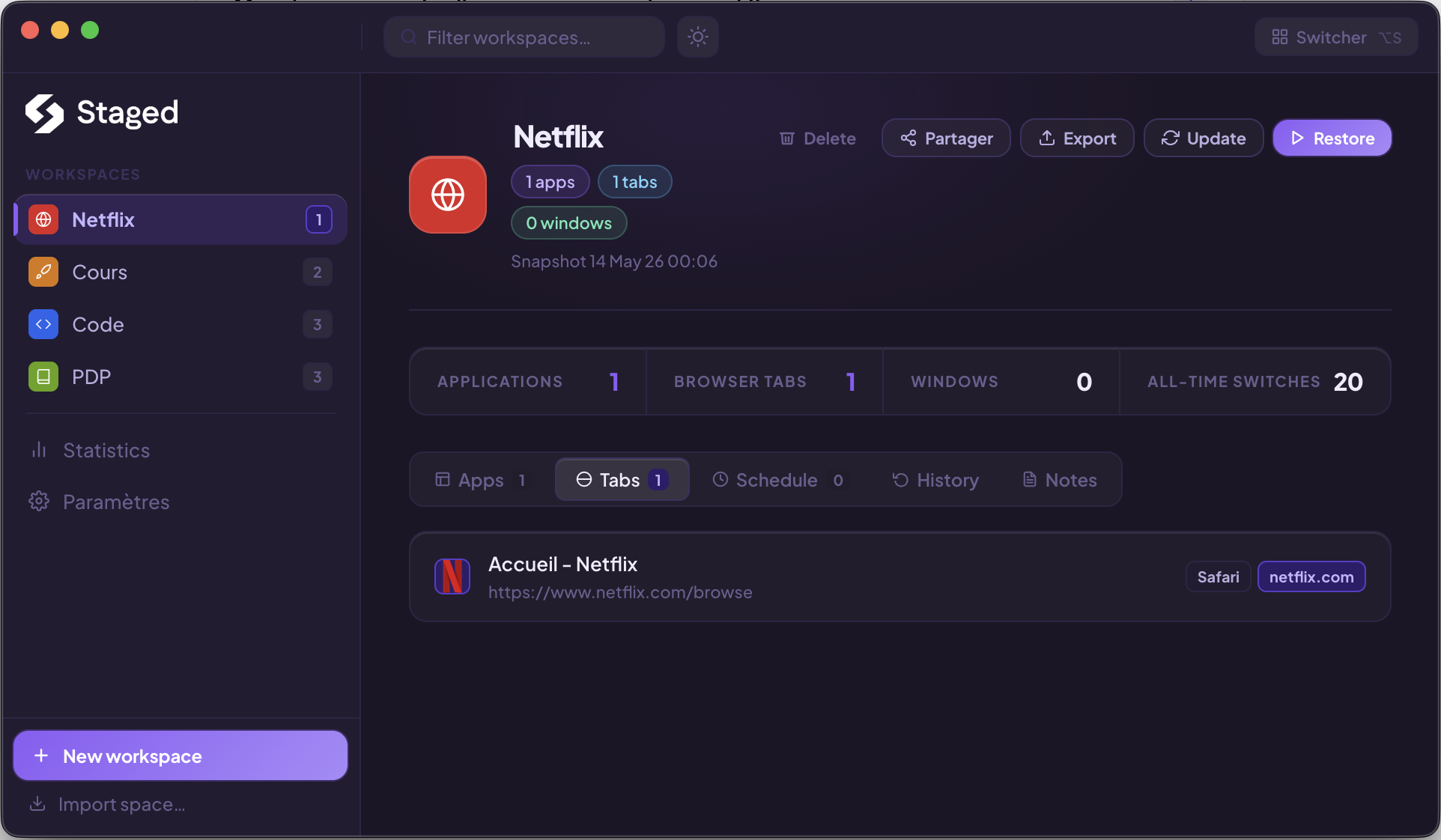 Staged — interface principale